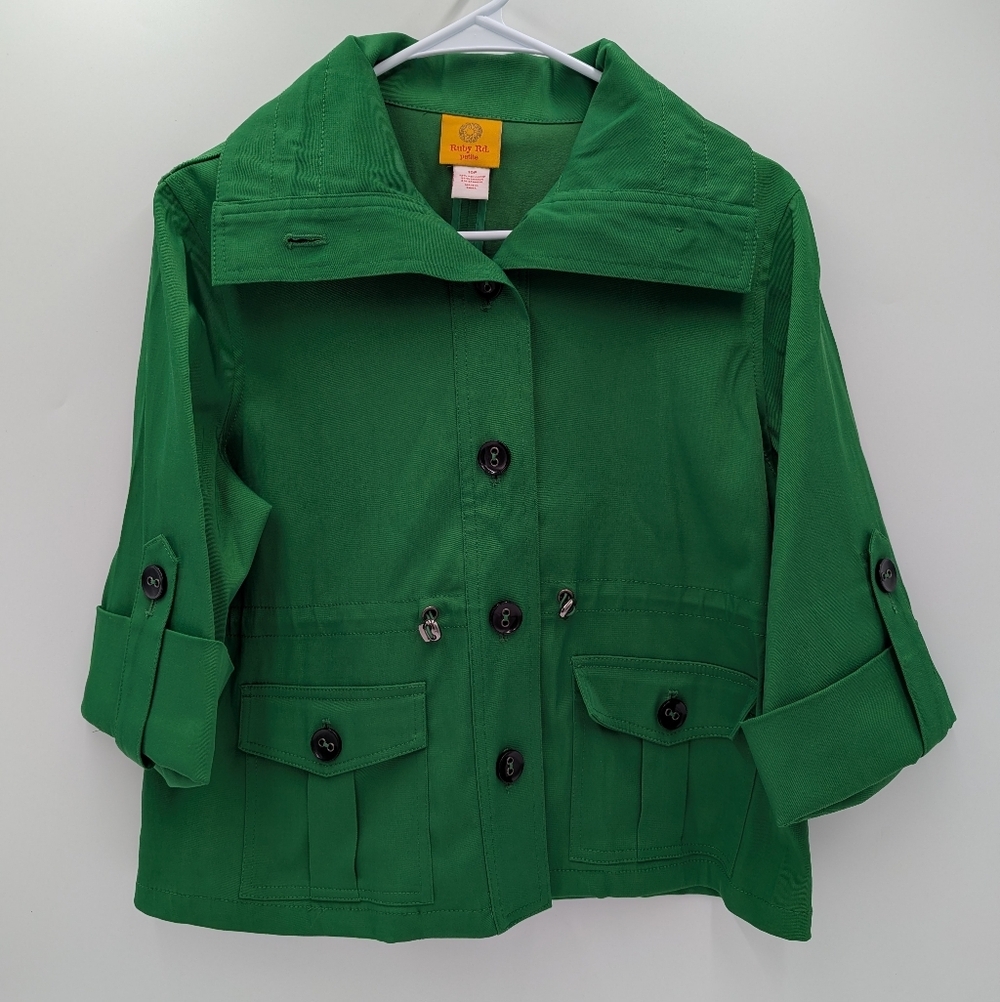 Ruby Rd Emerald Green Button Up Utility Jacket Petite 10 Cinched Waist Boho